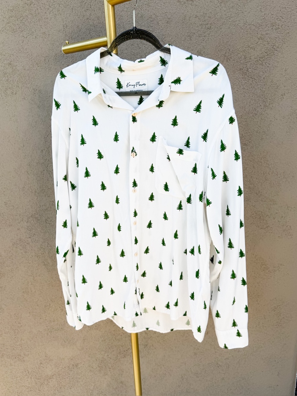 Kenny Flowers Pine Time White Green Button Down Shirt XXL Christmas Tree